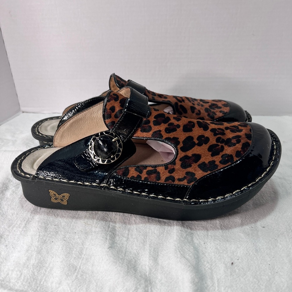 Alegria ALG-807 Leopard Print Patent Leather Classic Clogs Mules Womens 10.5